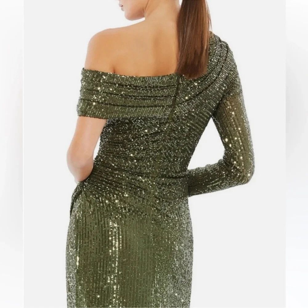 MAC DUGGAL 26571 One Shoulder Long Sleeve Thigh High Slit Sequin Gown 12 OLIVE - Picture 4 of 11